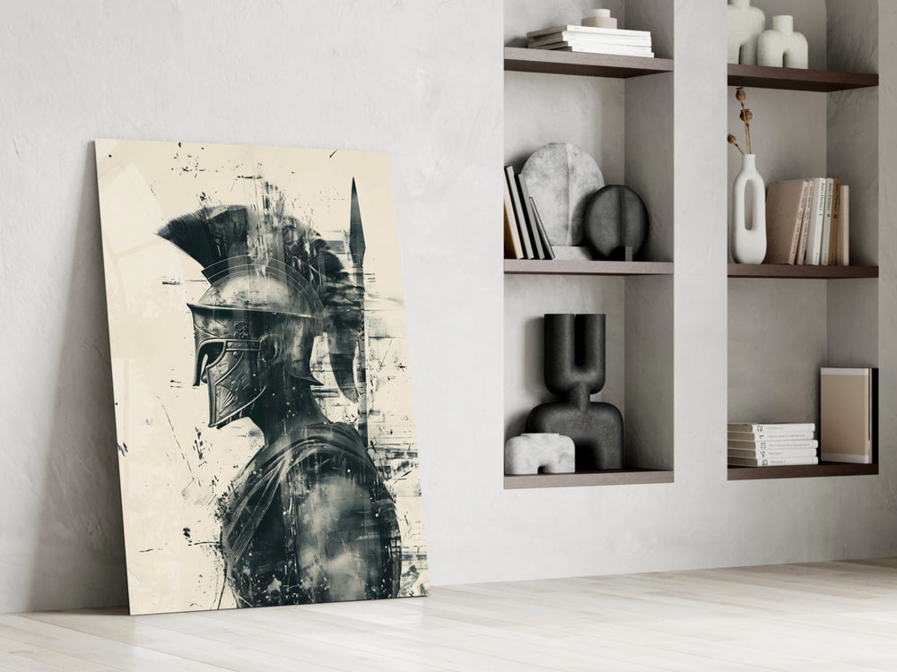 Roman-warrior artwork anchoring a wall with monochrome palette