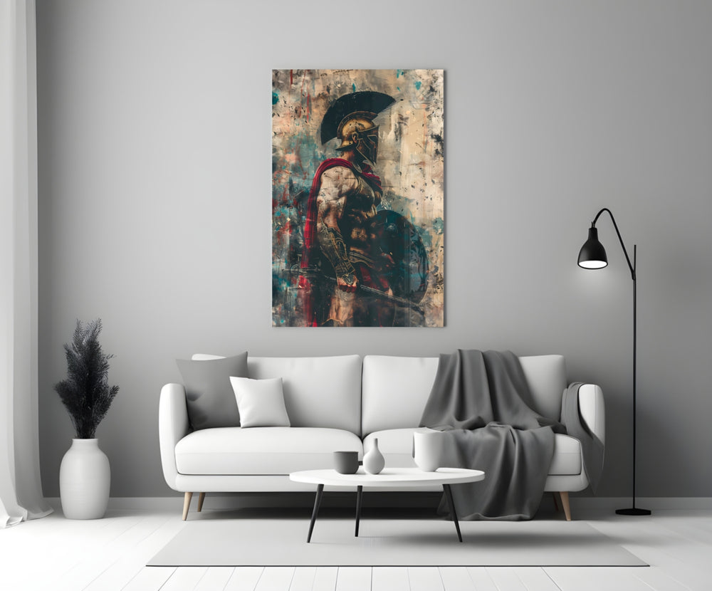 Gladiator glass wall art styled above a console in a man cave