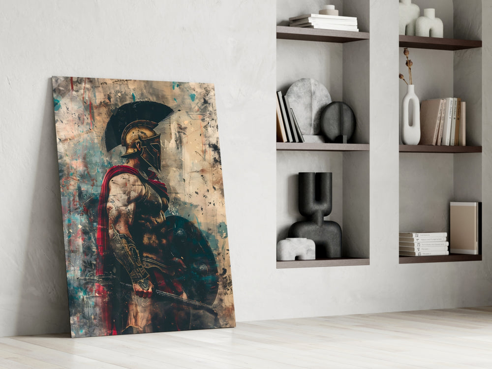 Roman-warrior artwork anchoring a wall with scarlet-and-rust palette