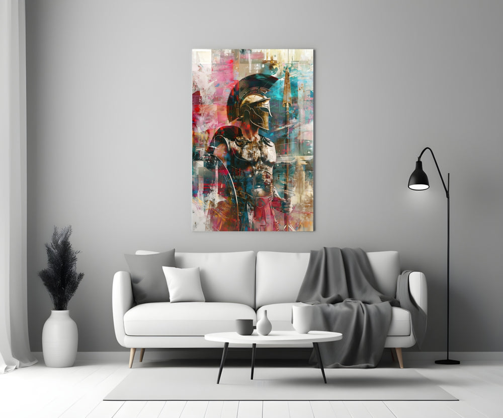 Gladiator glass wall art styled above a console in a man cave