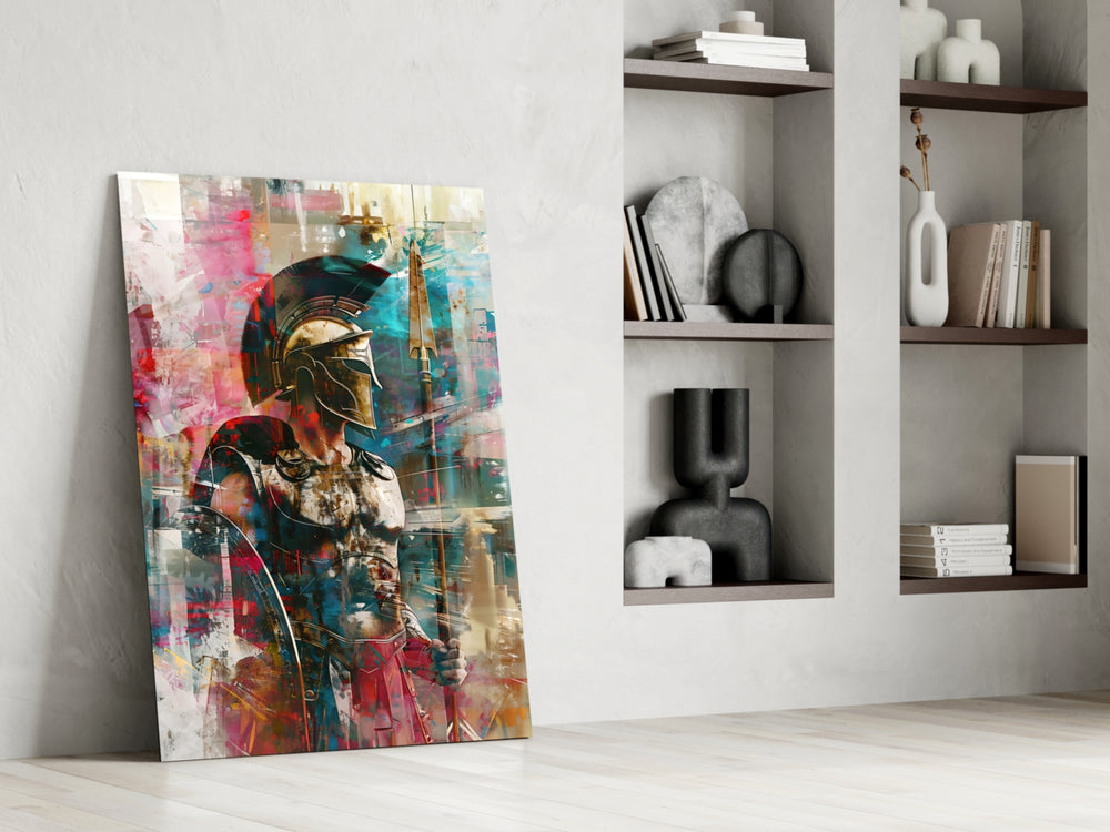 Pop-warrior artwork anchoring a wall with magenta-and-cyan palette