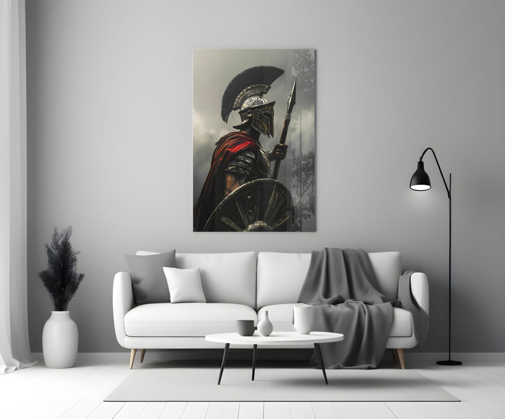 Gladiator glass wall art styled above a console in a library