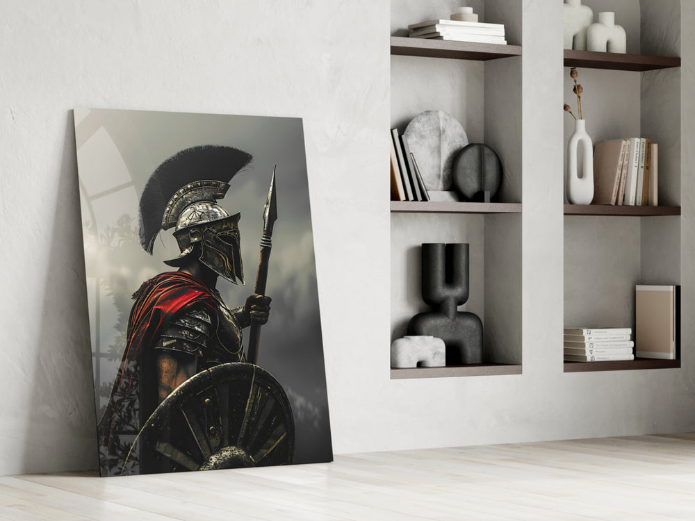 Roman-warrior artwork anchoring a wall with scarlet-and-grey palette
