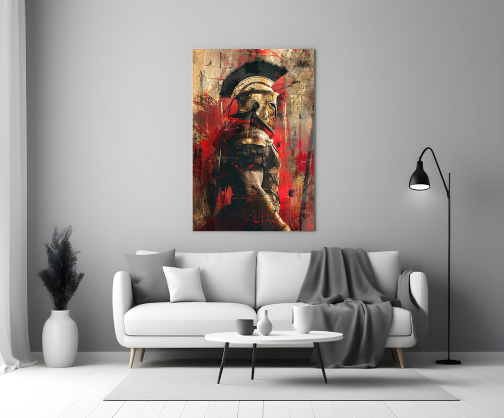 Gladiator glass wall art styled above a console in a library