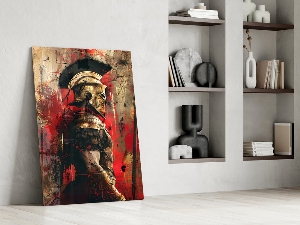 Dramatic-warrior artwork anchoring a wall with scarlet-and-gold palette