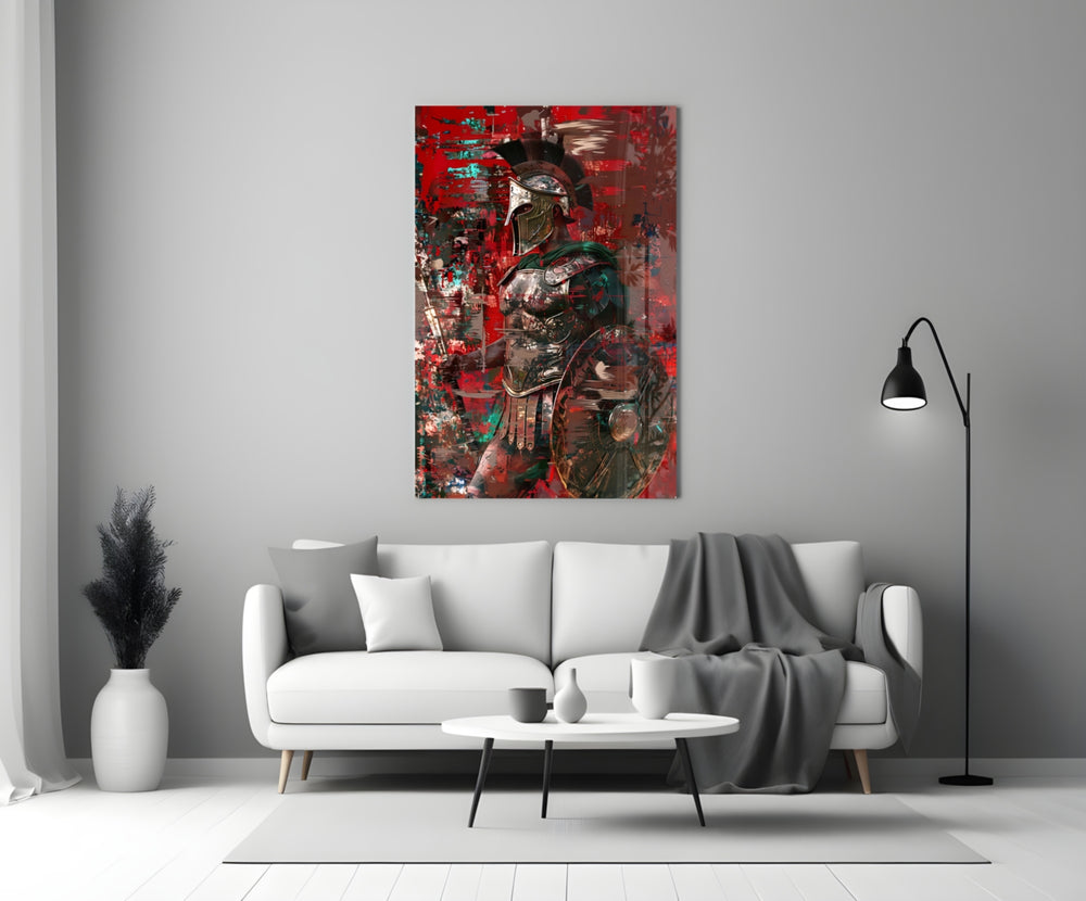 Gladiator glass wall art styled above a console in a man cave