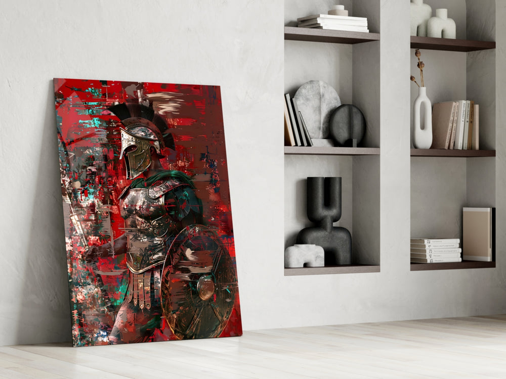 Grunge-warrior artwork anchoring a wall with scarlet-and-teal palette
