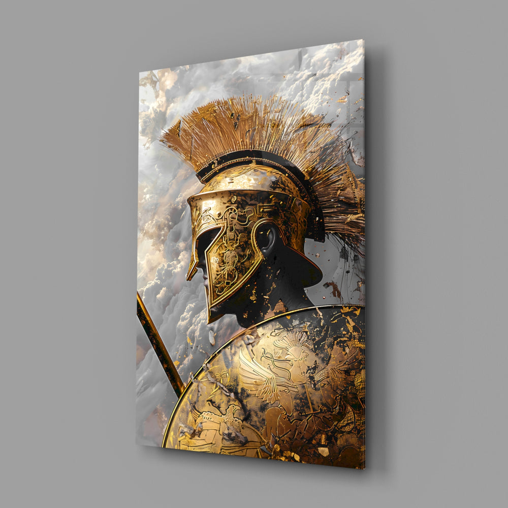 Gladiator close-up showing gold helmet and engraved shield