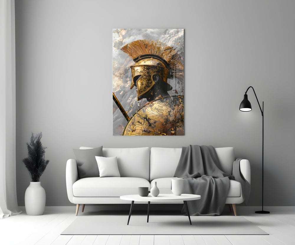 Gladiator glass wall art styled above a console in a library