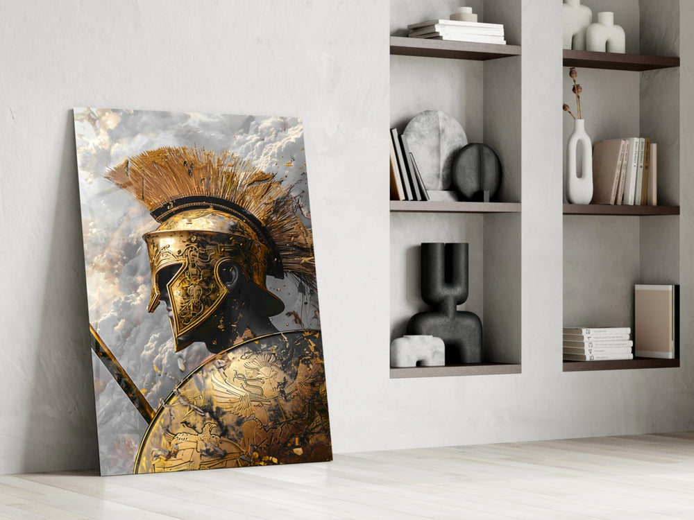 Roman-warrior artwork anchoring a wall with gold-and-cream palette
