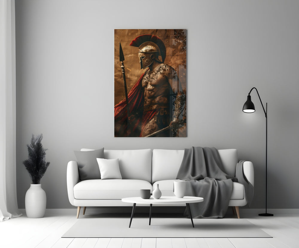 Gladiator glass wall art styled above a console in a study