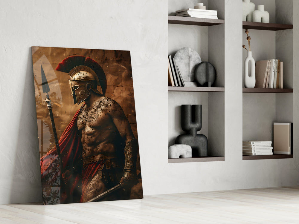Roman-warrior artwork anchoring a wall with amber-and-scarlet palette