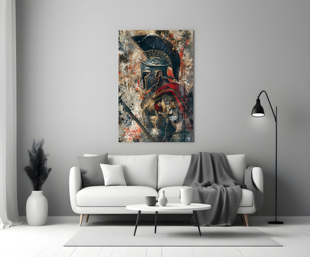 Gladiator glass wall art styled above a console in a man cave