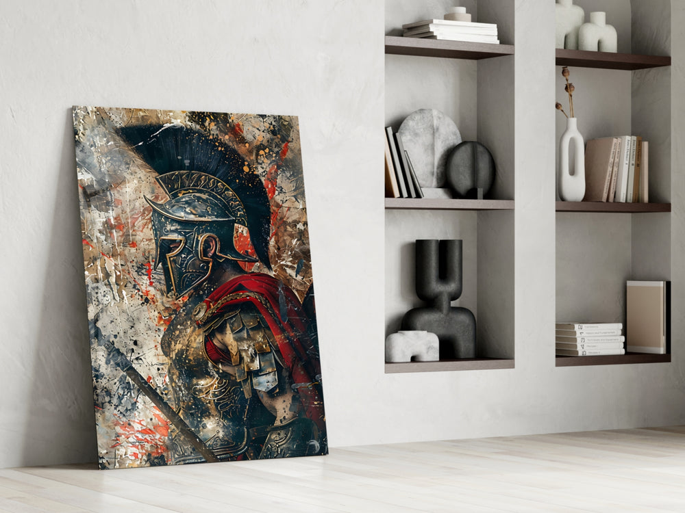 Roman-warrior artwork anchoring a wall with scarlet-and-cream palette