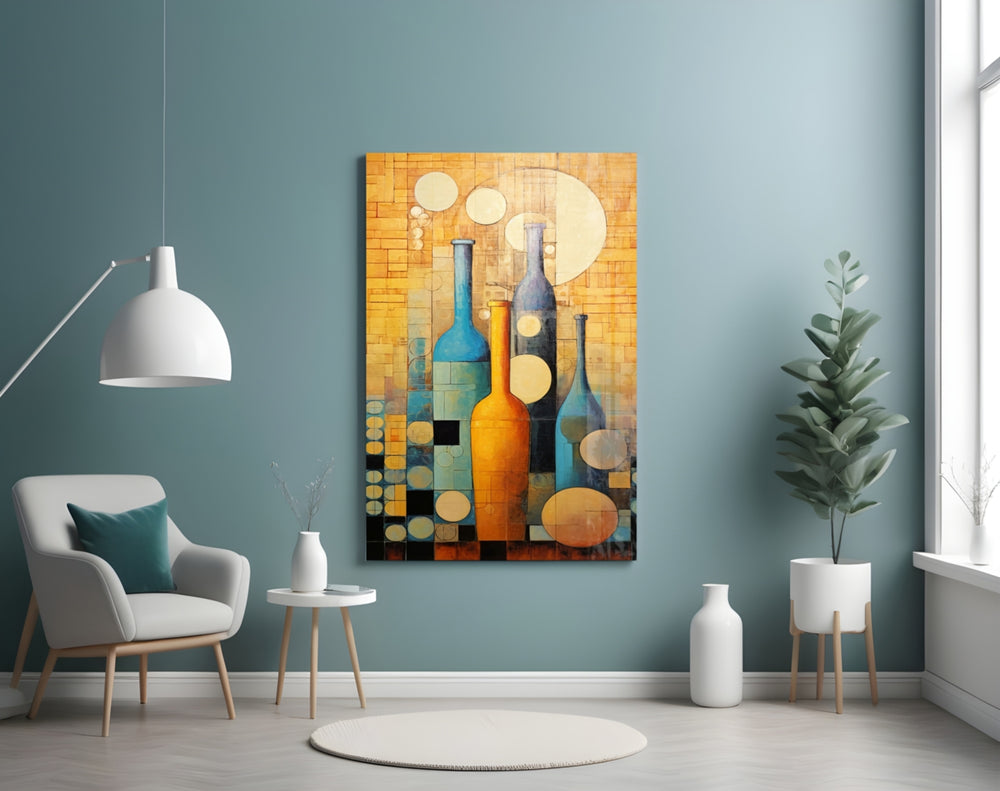 Bottles panel adding editorial flair to a hallway