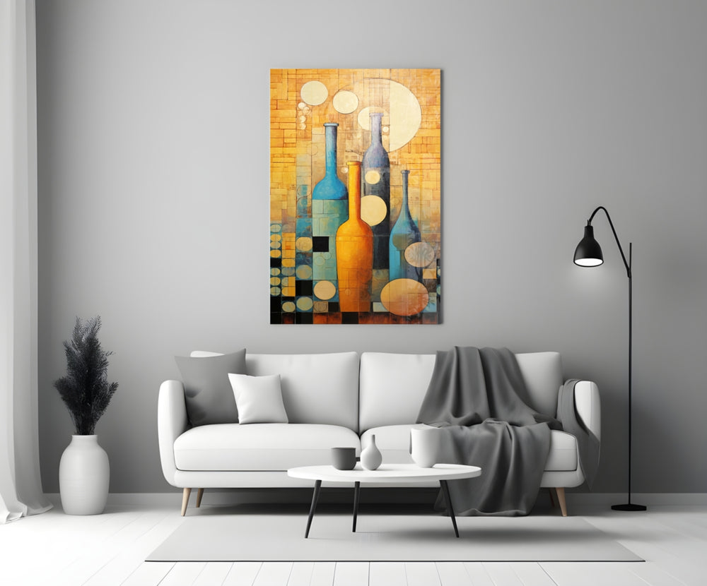 Bottles glass wall art styled above a console in a kitchen nook