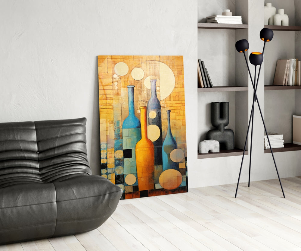 Bottles glass print enhancing a foyer with statement firepower