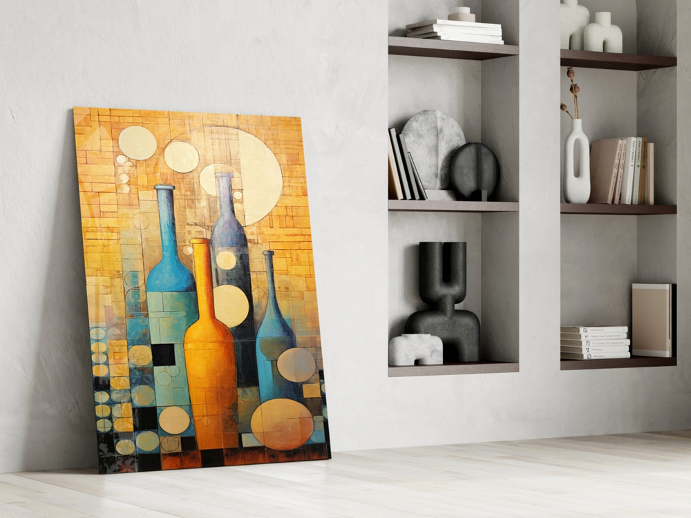 Cubist-still-life artwork anchoring a wall with tangerine-and-cobalt palette