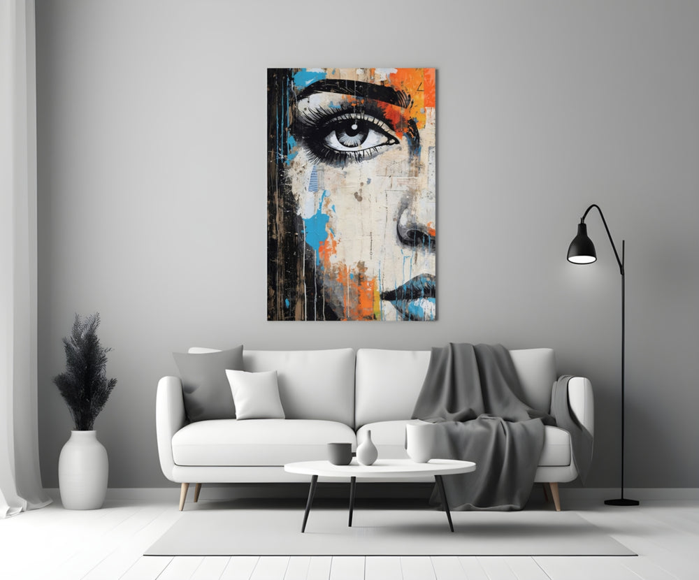 Half Portrait glass wall art styled above a console in a living room