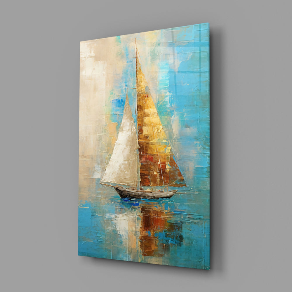 Sailing close-up showing golden sails on calm water
