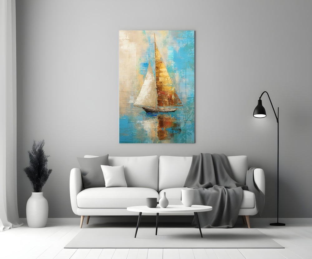 Sailing glass wall art styled above a console in a foyer