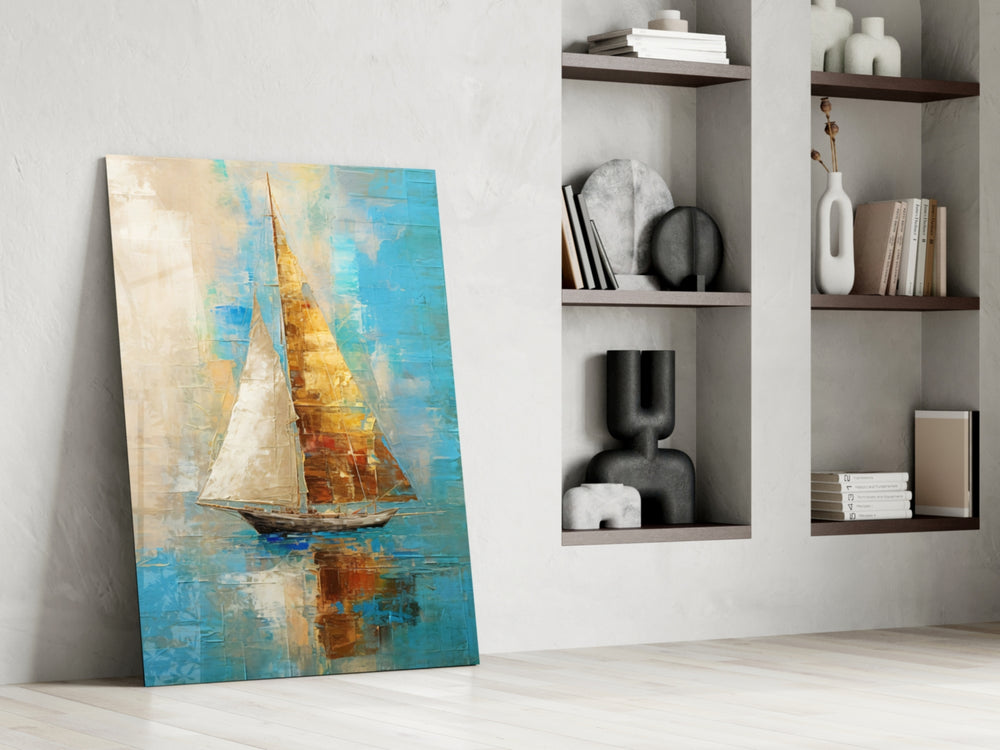 Serene-voyage artwork anchoring a wall with cobalt-and-amber palette