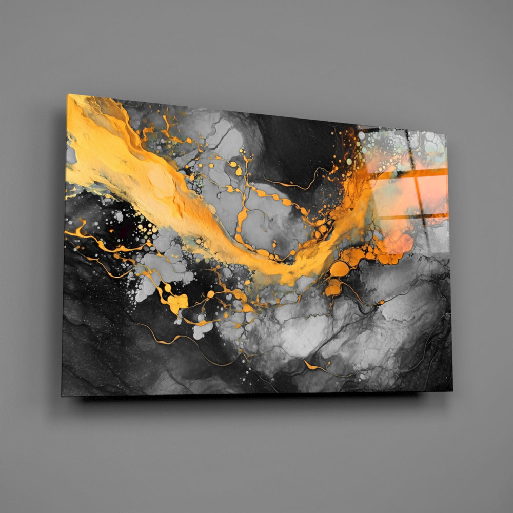 Marble close-up showing tangerine-gold pour on charcoal marble