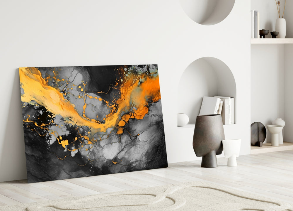 Marble glass wall art styled above a console in a foyer