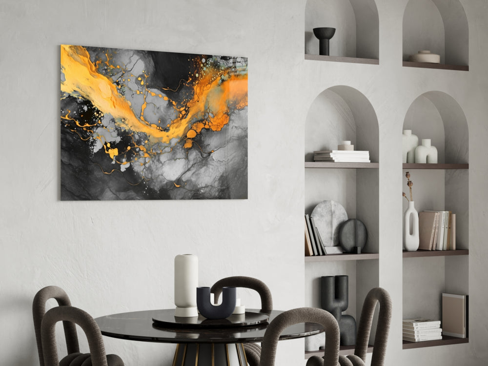 Marble glass print enhancing a den with statement firepower