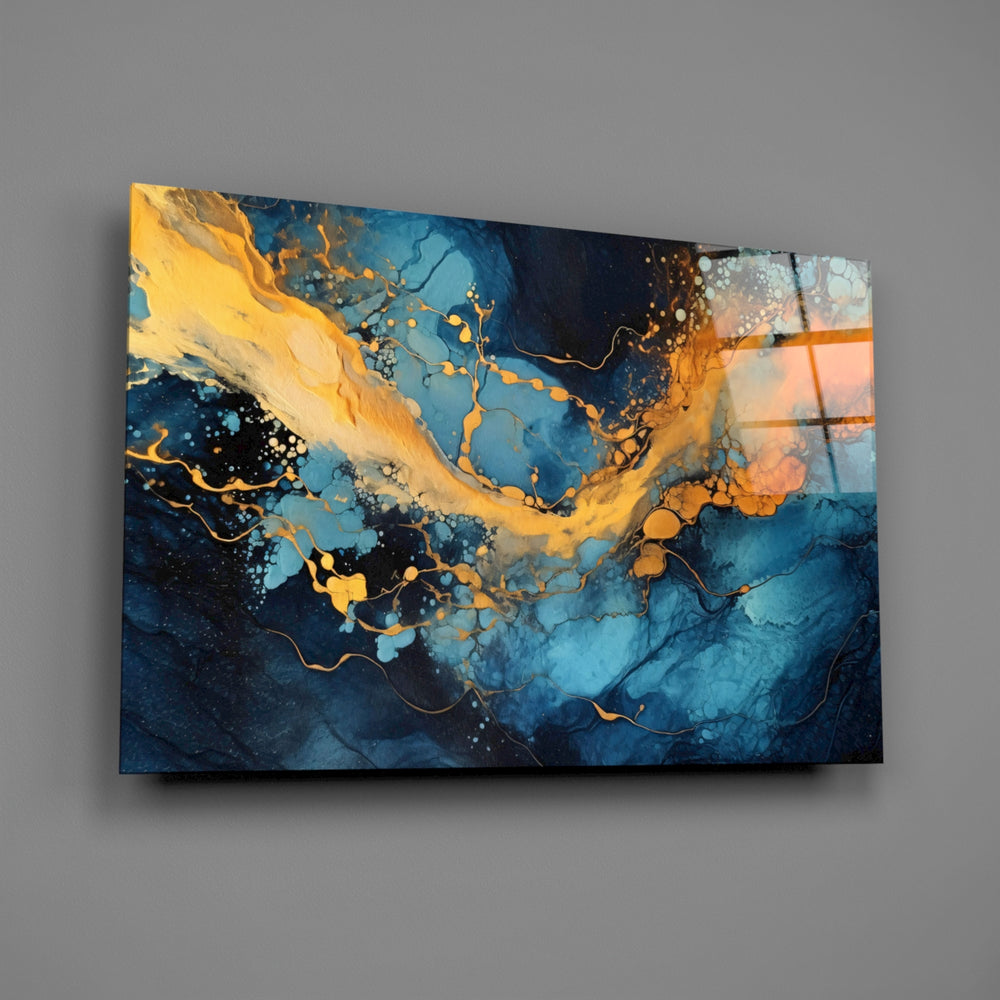 Marble close-up showing cobalt-tangerine pour on navy marble