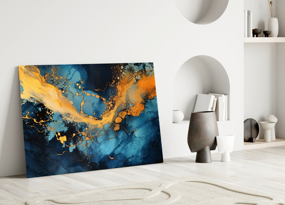 Marble glass wall art styled above a console in a foyer