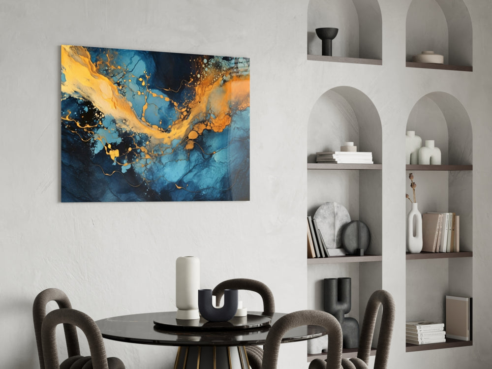 Marble glass print enhancing a den with statement firepower