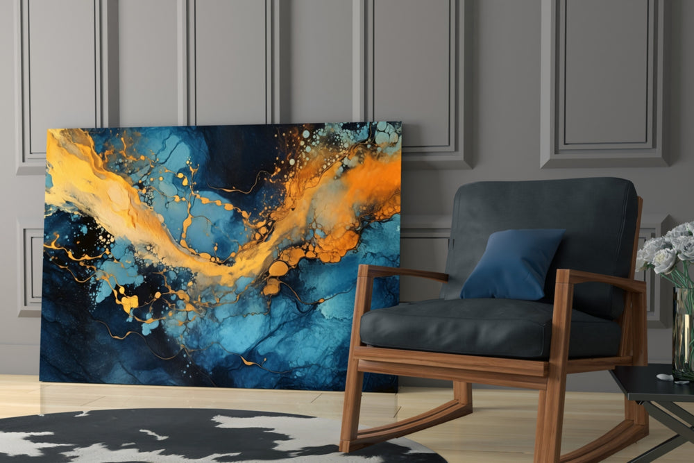 Gold-pour artwork anchoring a wall with cobalt-and-tangerine palette
