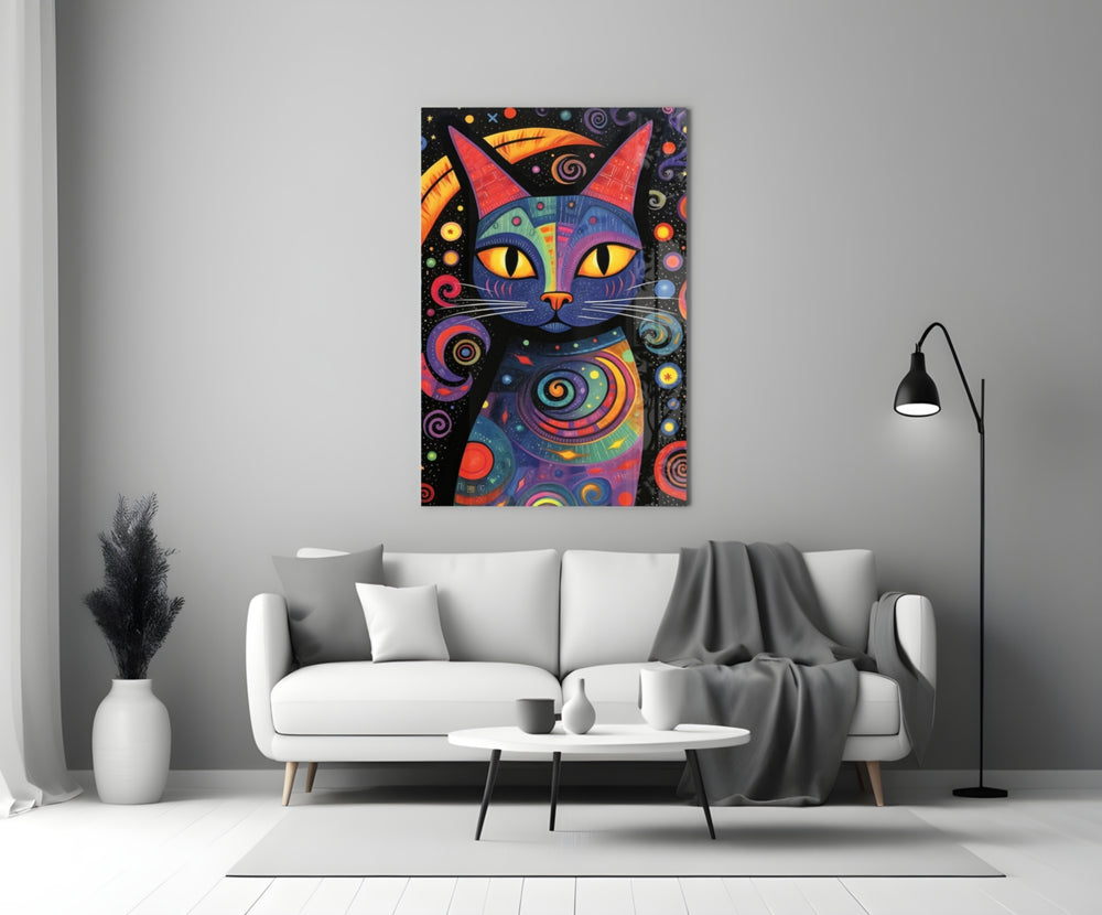 Night Cat glass wall art styled above a sideboard in a teen den