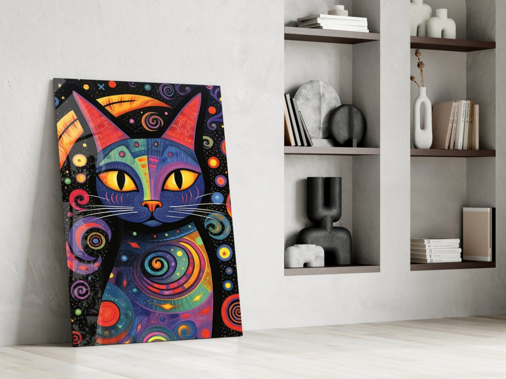 Festive-cat artwork anchoring a wall with rainbow-and-onyx palette
