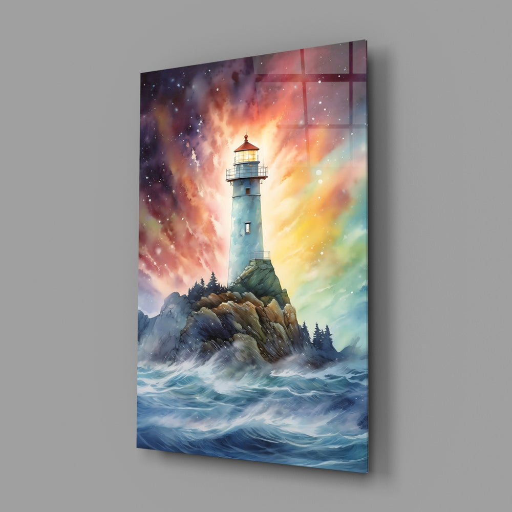 Lighthouse close-up showing scarlet beacon on craggy bluff