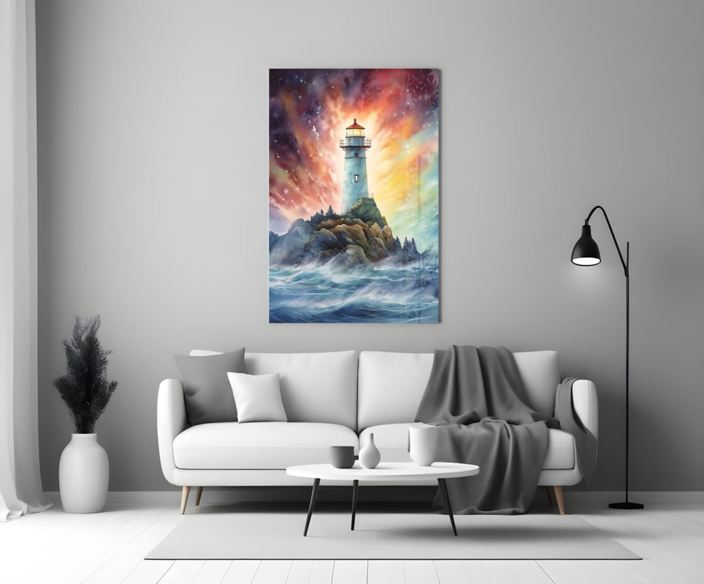 Lighthouse glass wall art styled above a console in a child's room
