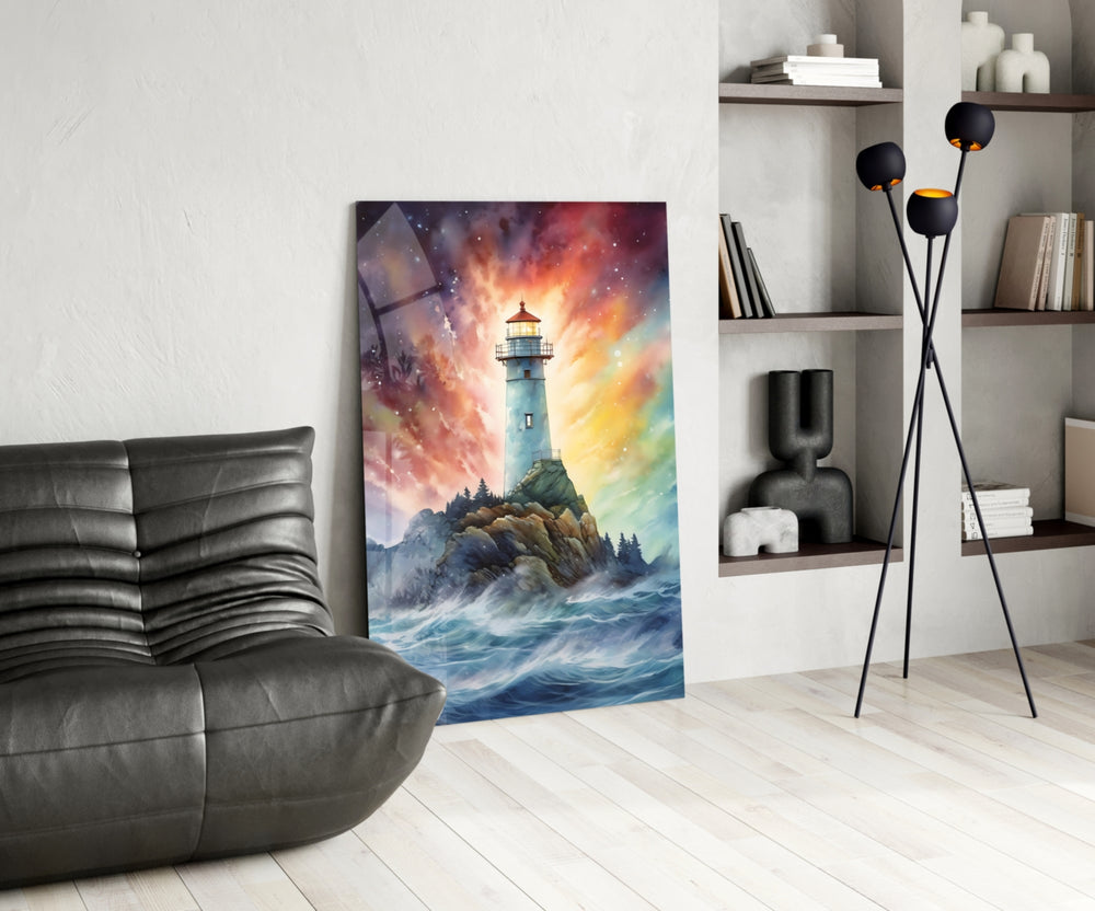 Lighthouse glass print enhancing a foyer with statement firepower
