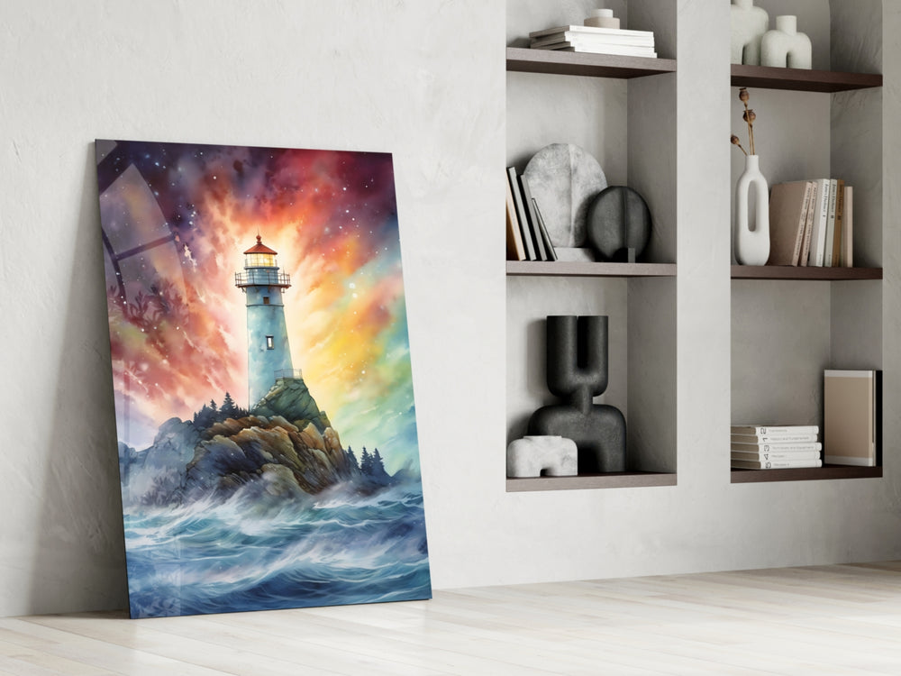 Coastal-beacon artwork anchoring a wall with rainbow-and-cobalt palette