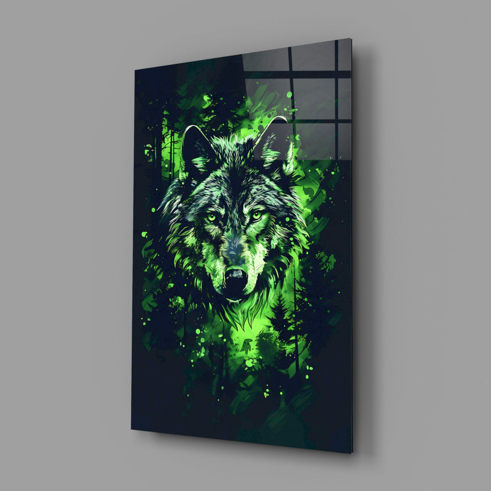 Wolf close-up showing emerald aura and forest leaves