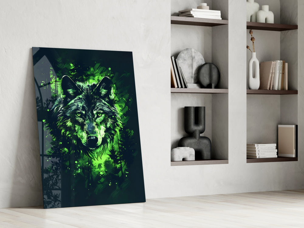 Forest-mystic artwork anchoring a wall with emerald-and-charcoal palette