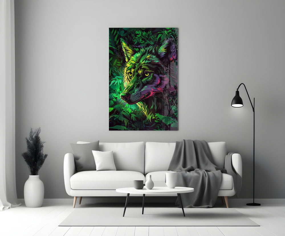 Wolf glass wall art styled above a console in a media room