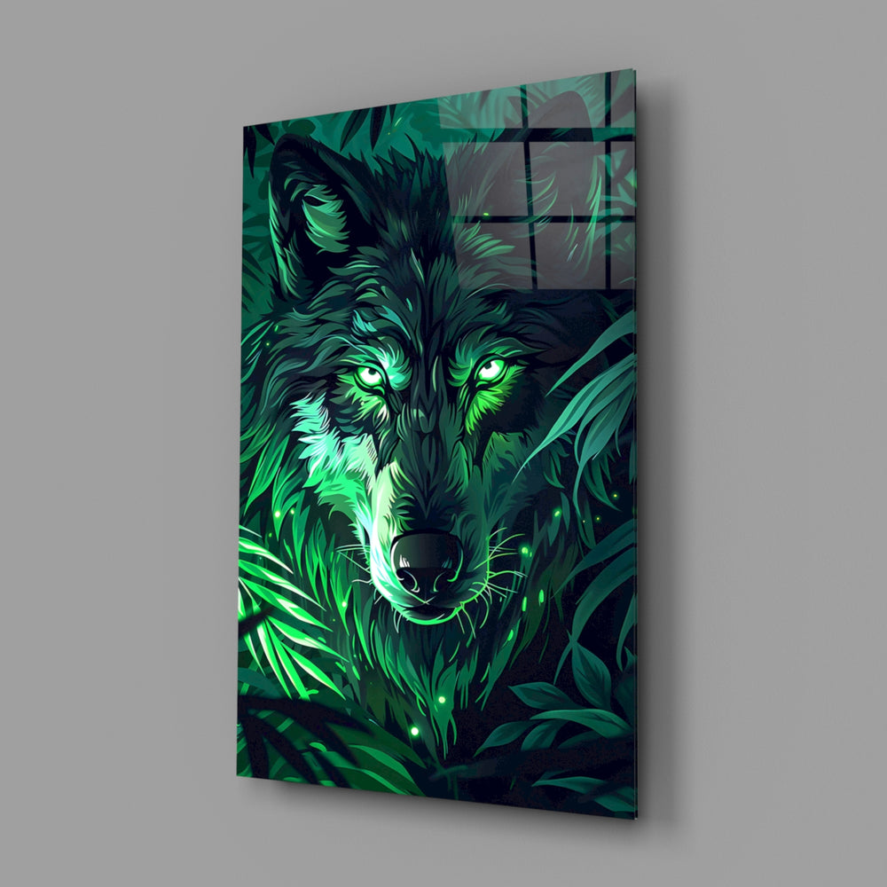 Wolf close-up showing emerald eyes and leafy mane