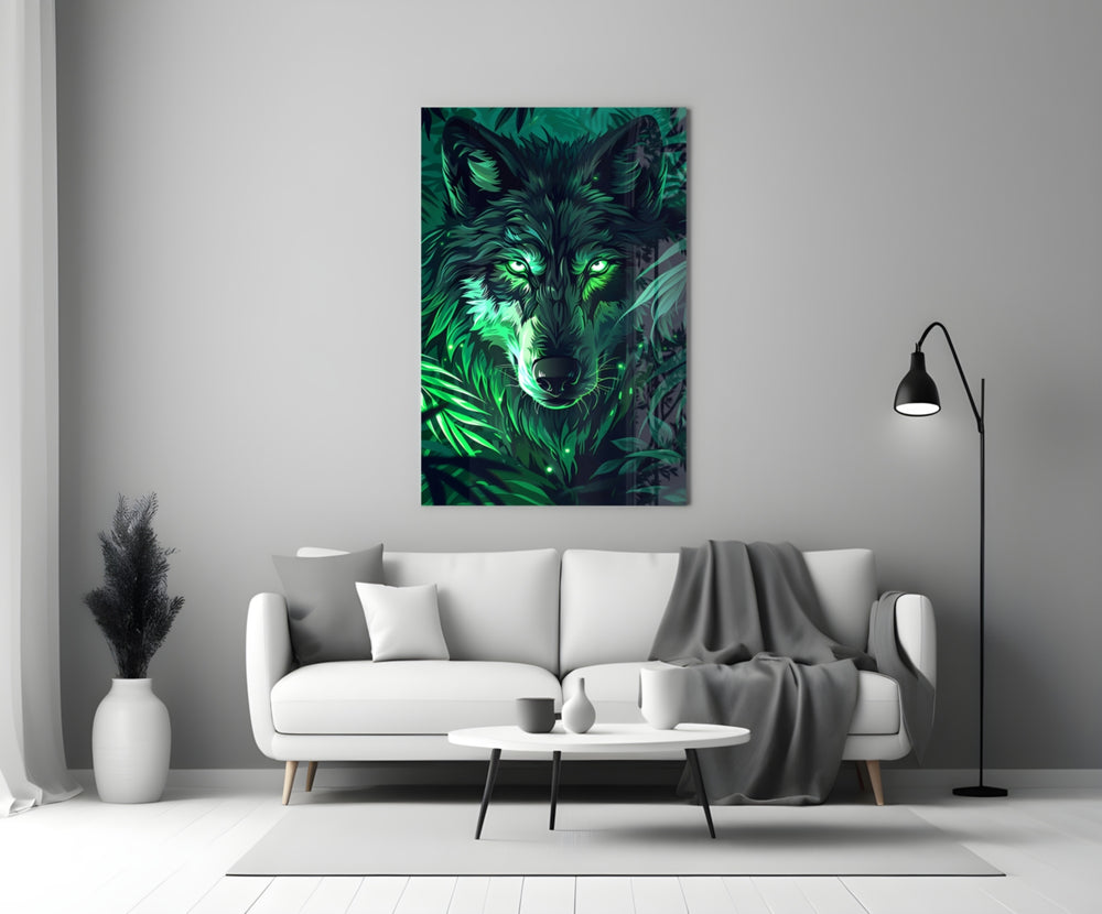 Wolf glass wall art styled above a console in a man cave