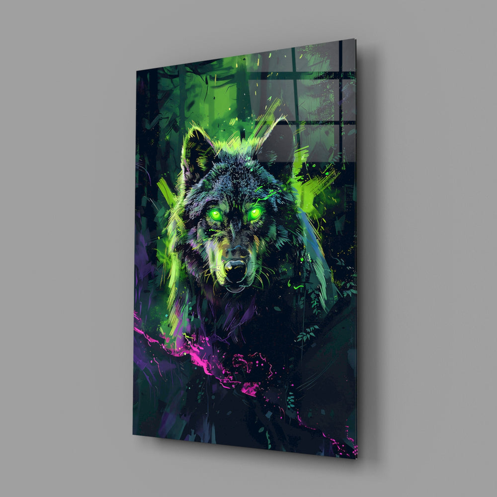 Wolf close-up showing emerald-magenta splatter and glowing eyes