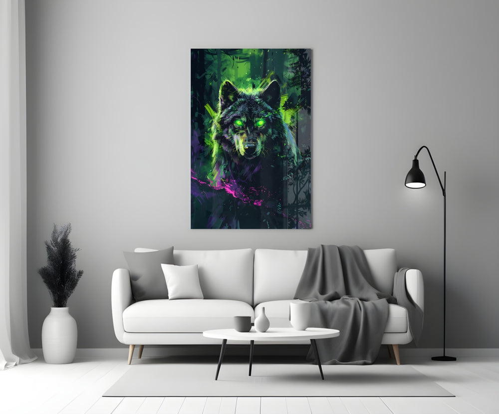 Wolf glass wall art styled above a sideboard in a media room