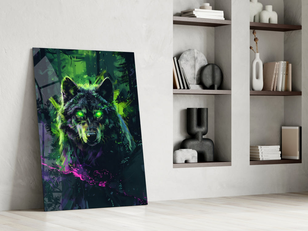 Neon-mystic artwork anchoring a wall with emerald-and-magenta palette