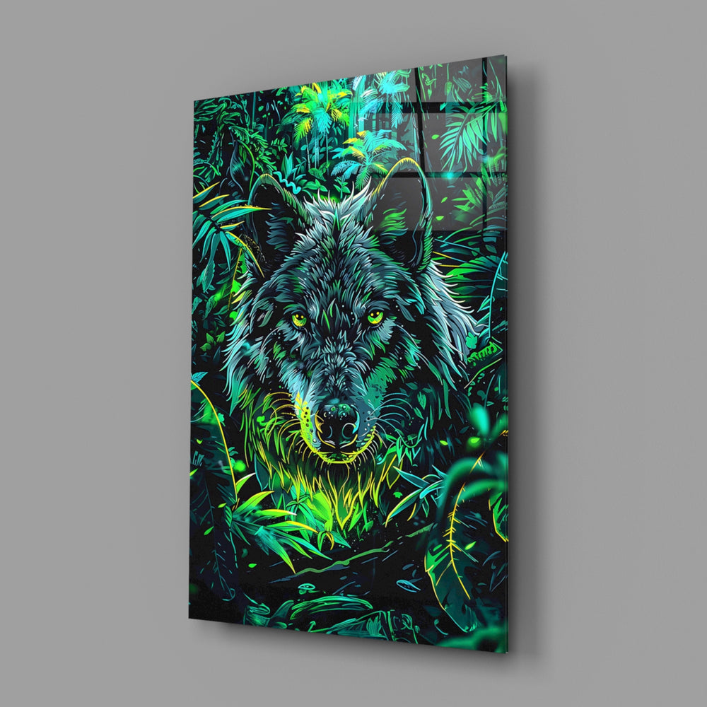 Wolf close-up showing emerald jungle and dark wolf