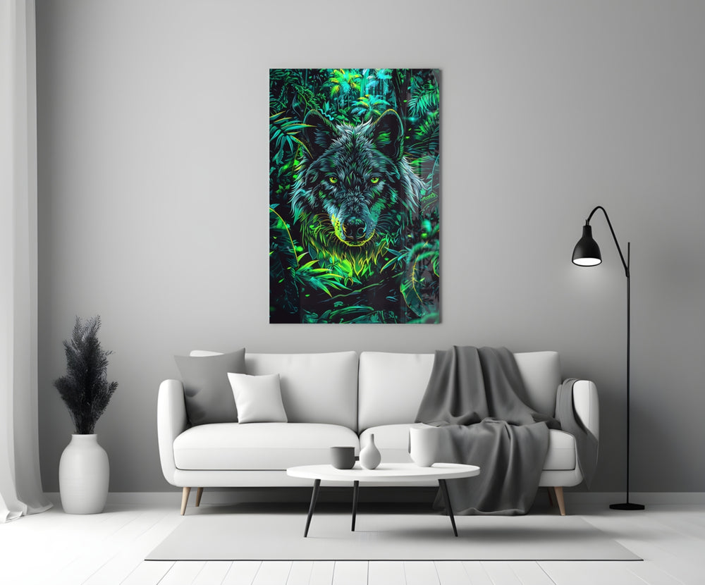 Wolf glass wall art styled above a console in a media room