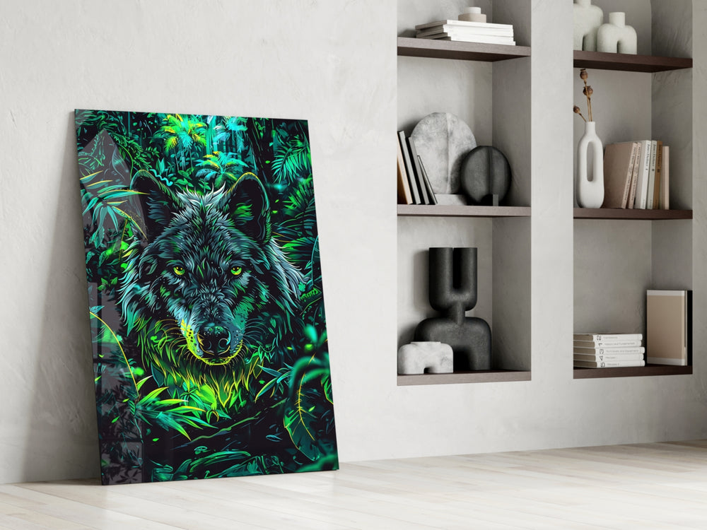 Jungle-mystic artwork anchoring a wall with emerald-and-jade palette